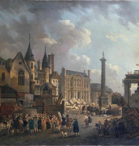 Demachy, Pierre-Antoine, Spectacle forain dans un carrefour imaginaire de Paris, Vers 1770