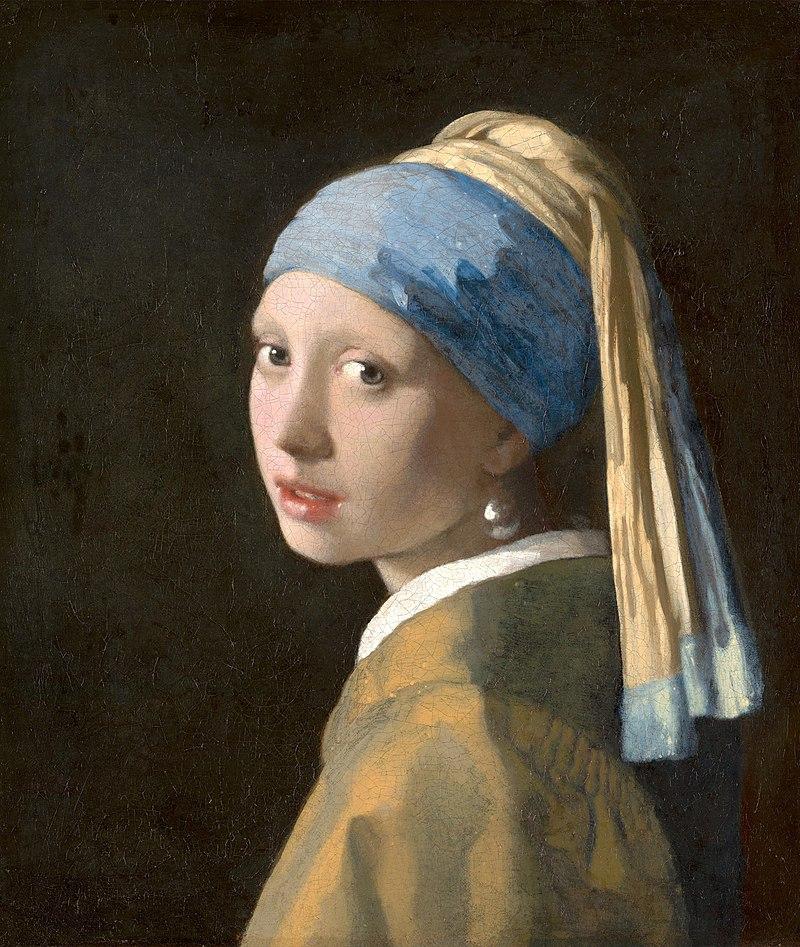 Peinture à l'huile sur toile représentant le portrait en buste d'une jeune femme anonyme, de trois quart dos, avec une perle nacrée comme boucle d'oreille