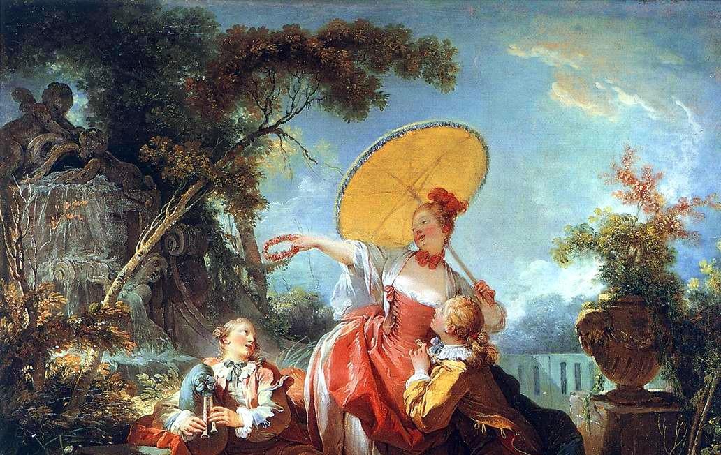 Jean-Honoré Fragonard, Conversation galante dans un parc. L'amoureux couronné, entre 1754 et 1755, huile sur toile.