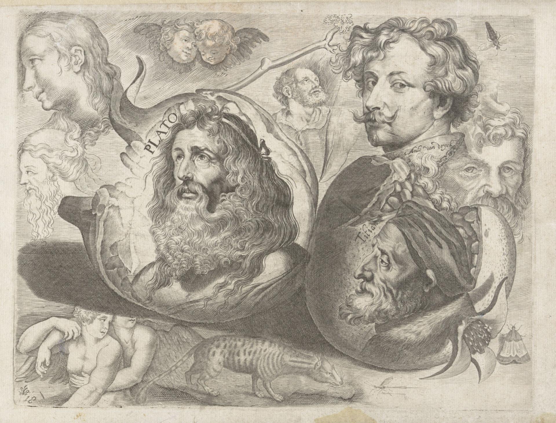 Michael Snyders, Feuille d’étude avec têtes, figures, animaux et végétaux, vers 1630, eau-forte, Amsterdam, Rijksmuseum.