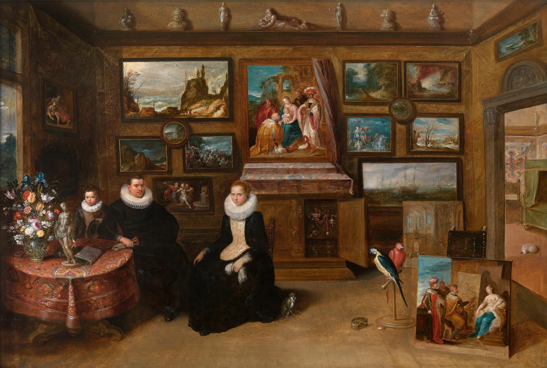 Portrait d'une famille dans le cabinet d'un collectionneur