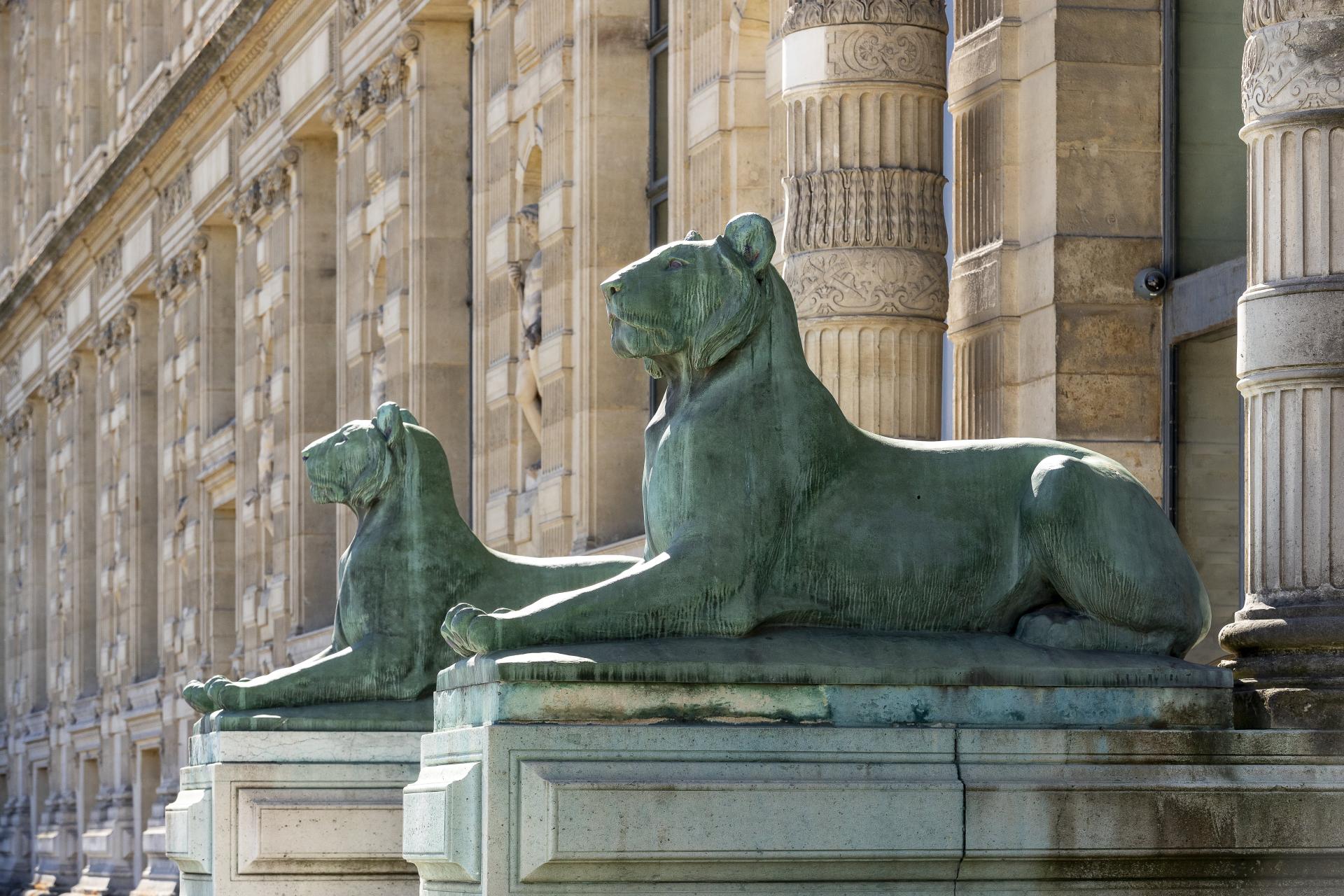 Statues de lions à l'entrée de l'École du Louvre