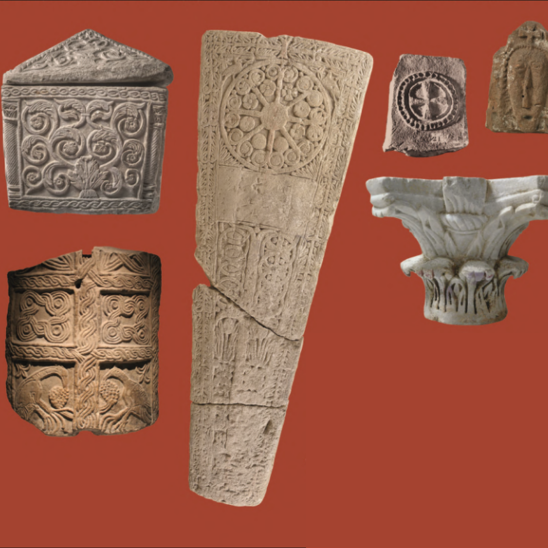 A. Flammin (sarcophage, Toulouse et chapiteau, Cenon), J. Crochat (ambon, Lyon), L-O. Crossland (sarcophage, Antigny), D. Fossard (sarcophage, Paris), Musée du Louvre (antéfixe, Sées).
