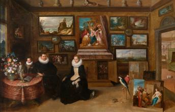 Portrait d'une famille dans le cabinet d'un collectionneur