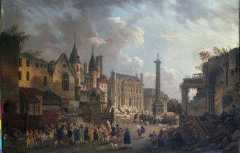 Demachy, Pierre-Antoine, Spectacle forain dans un carrefour imaginaire de Paris, Vers 1770