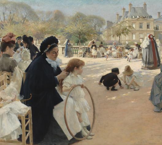 Peinture d'Albert Edelfelt représentant les jardins du Luxembourg, au premier plan se trouve une nourrice assise et des enfants qui jouent