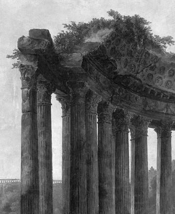 Paysage avec les ruines du temple rond avec une statue de Vénus et un monument à Marc Aurèle - Hubert Robert